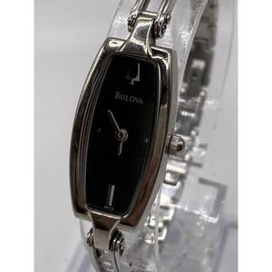Bulova 96T15 Ladies Silver Tone Black Dial Floating Zirconia Watch New Batt